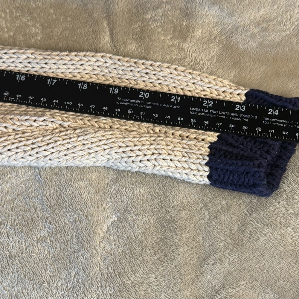 Chicos Cable Chunky Knit Beige Navy Silver Chain Trim Cardigan Sweater Size 2 L - Picture 8 of 8